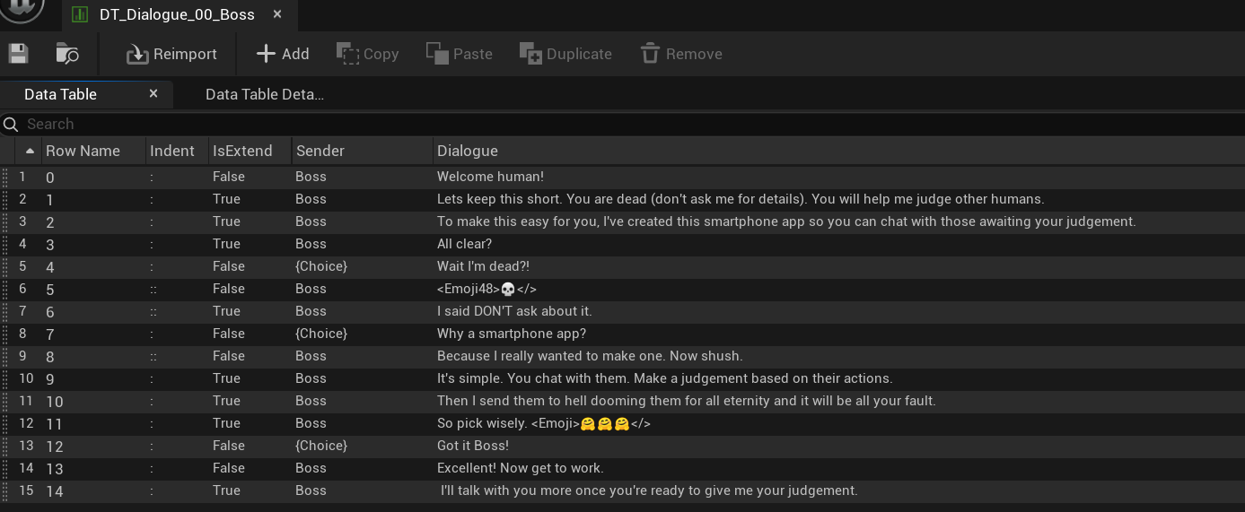 Dialogue Data table showing the games first conversation.